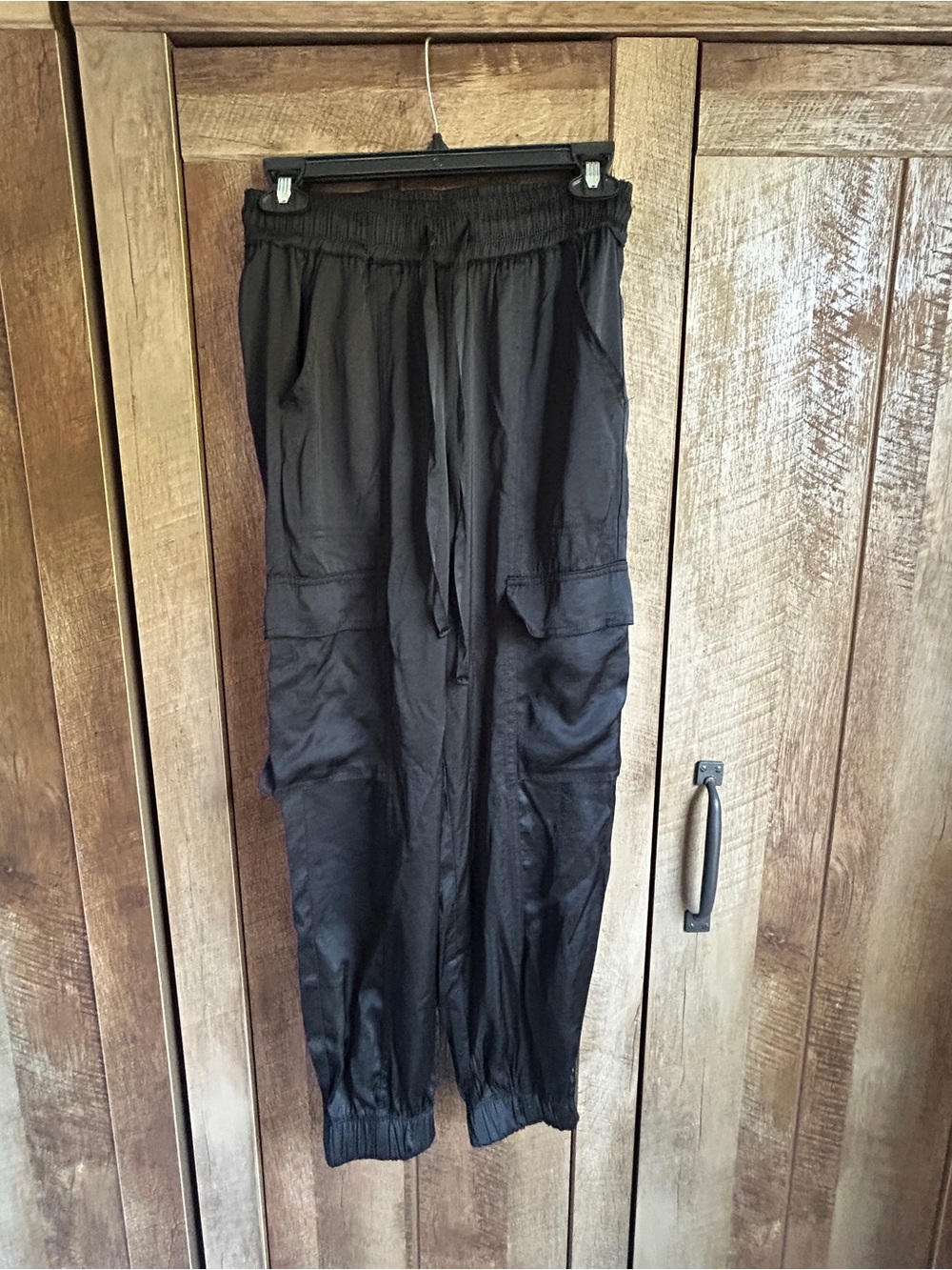 Black silk  Cargo Jogger Pants - Drawstring Waist